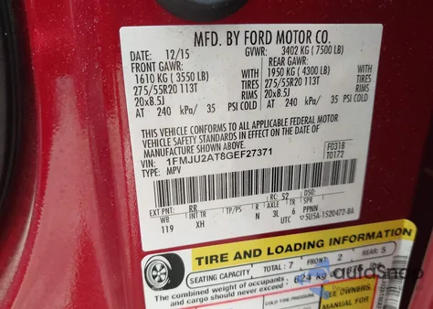 2016 Ford Expedition Limited z USA, uszkodzony, nr VIN 1FMJU2AT8GEF27371